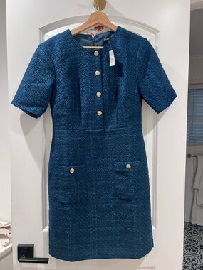 Ann Taylor Teal Tweed Short-Sleeve Midi Dress with Gold Buttons